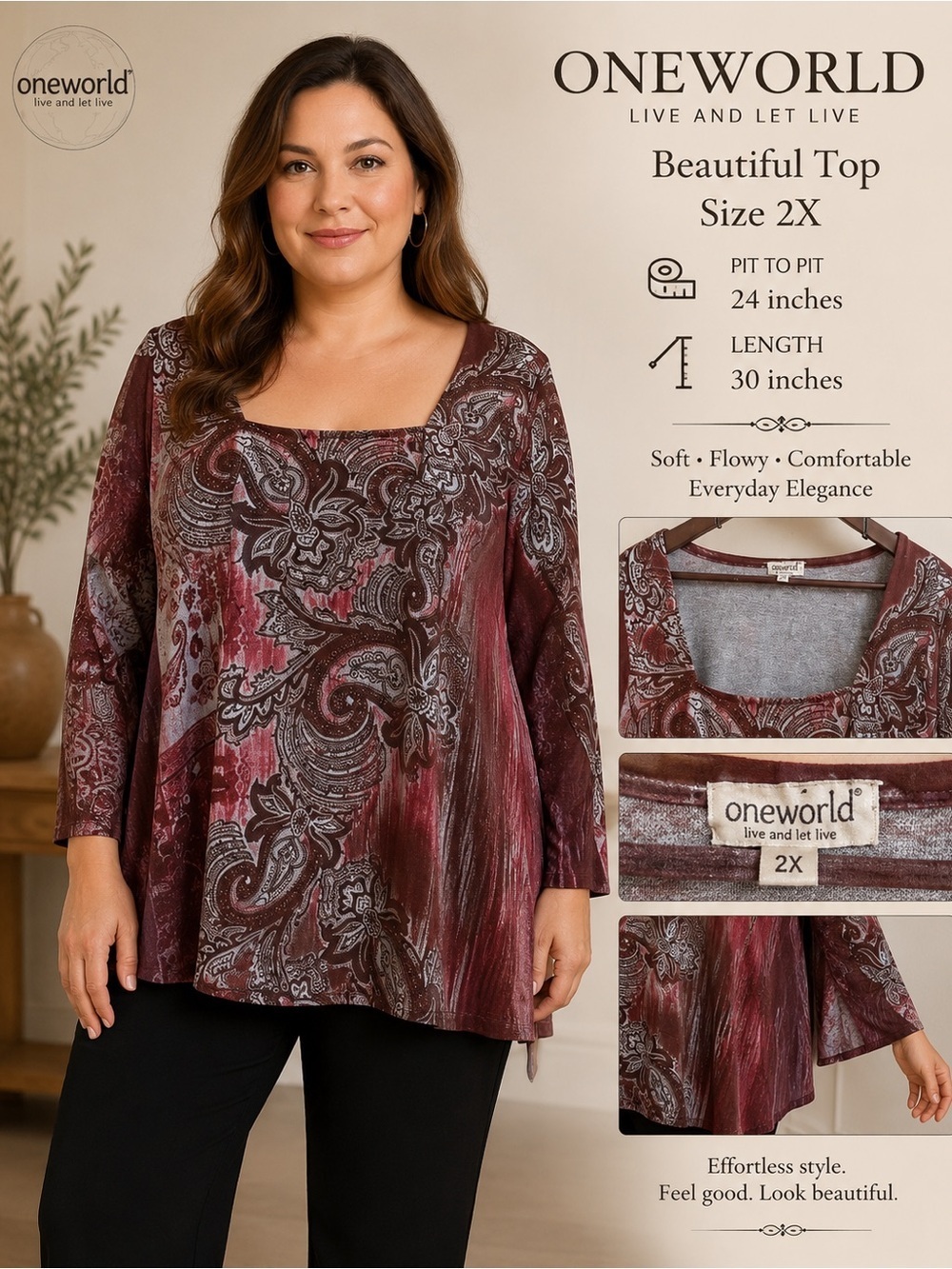 live and let live Maroon Paisley Scoop Neck Long-Sleeve Tunic 2x